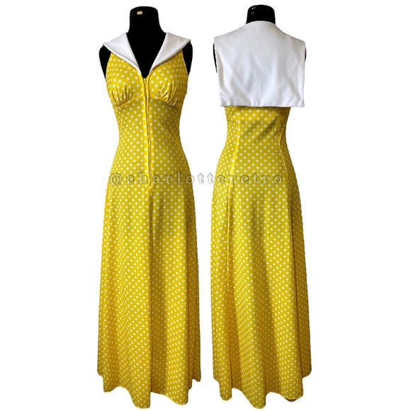 Vintage Dresses & Skirts - vtg Yellow Polka Dot Sailor Maxi Dress